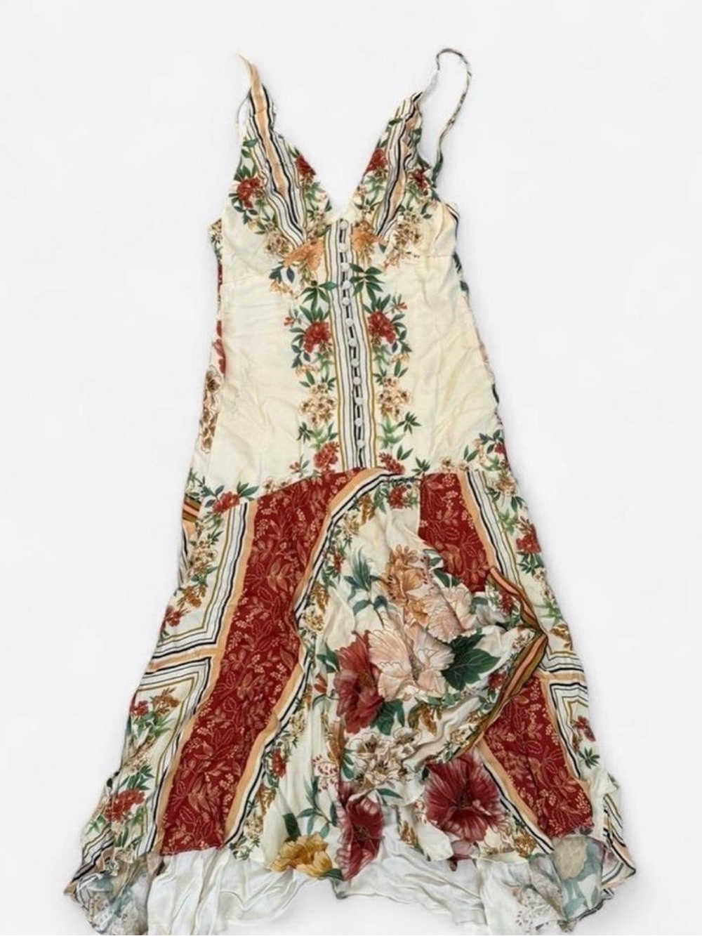 FARM Rio Cream Midi Dress with Red Floral Panels